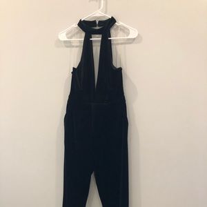 High neck velvet jumpsuit with open front and back